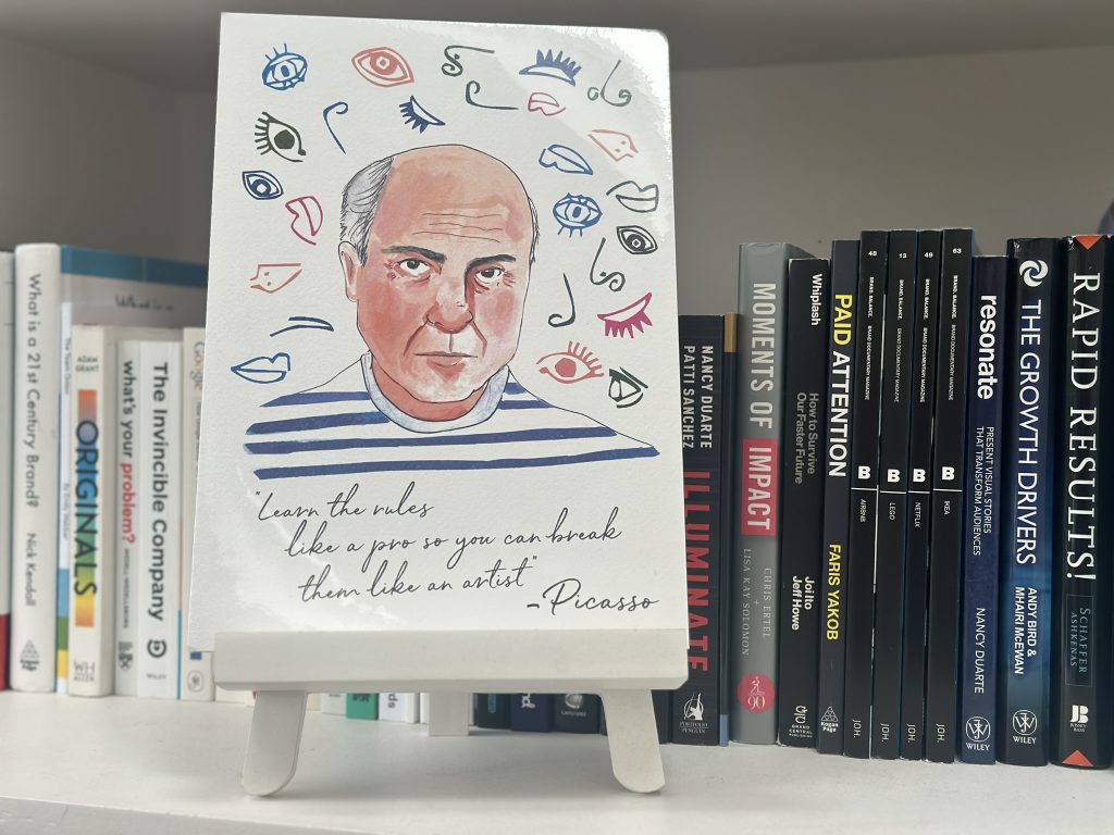 A drawing of Pablo Picasso with his quote "Learn the rules like a pro so that you can break them like an artist"